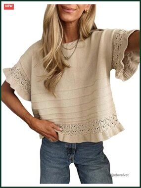 Womens Short Sleeve Knit Pullover Ruffle Hem Crochet Sweater Summer Casual